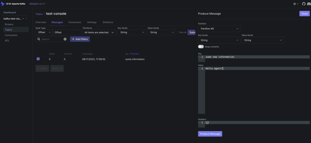 Figure 20: Producing a Message in the test-console Topic – UI for Apache Kafka 